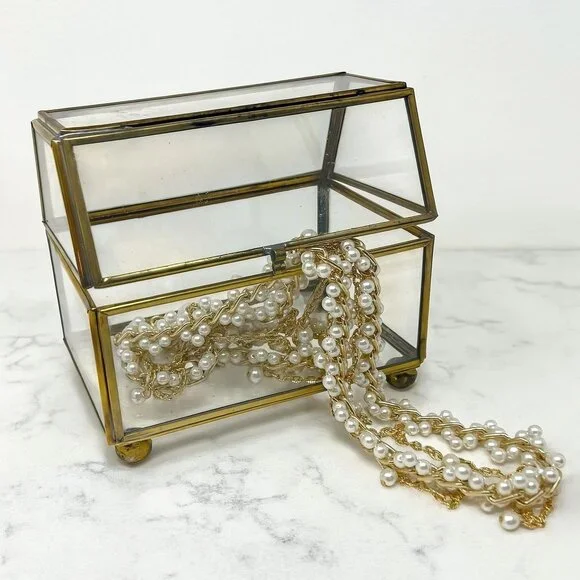 Brass Glass Jewelry Box Hinged Trinket Display Casket 4.5" T Footed Vintage MCM - Picture 1 of 9